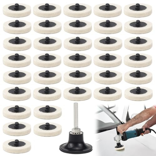 FAELNK 35 Pcs Rueda de Pulido de Lana 2 Pulgada 50mm Disco para Pulir + 1 Disco de Varilla Disco de Fieltro para Pulir para Trabajos de Limpieza y Pulido