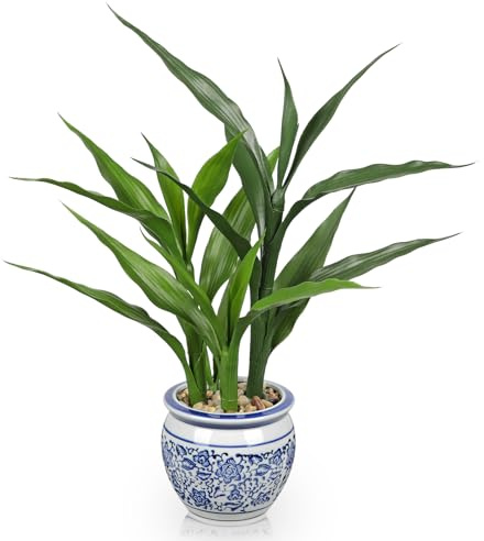 Arborus Artificial Bamboo Plant Indoor in Ceramic Pots 16.5 Fake Plant in Blue White Porcelain Planter Small Artificial Lucky Bamboo Tree Faux Potted Plants for Home Office Kitchen Living Room Decor