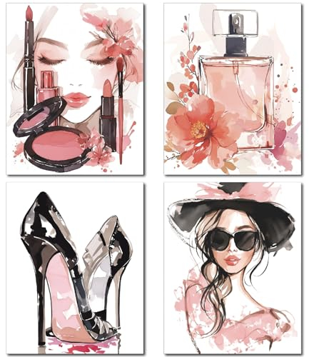 CREATCABIN 4Pcs Pink Makeup Wall Art Prints Fashion Woman Canvas Picture Watercolor Decor Paintings High Heels Perfume Beauty Wall Art Drawing Posters Wall Decor for Bedroom 8 x 10Inch-Unframed