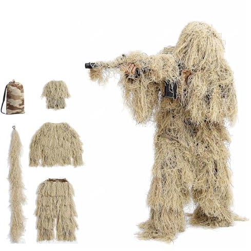 HAZARA 5 in 1 Ghillie Suit Ropa De Caza De Camuflaje 3D Disfraz De Arbusto Incluyendo Chaqueta,Pantalones,Capucha,Bolsa De Transporte para Adultos/Jóvenes Unisex,DryGrass-Adults
