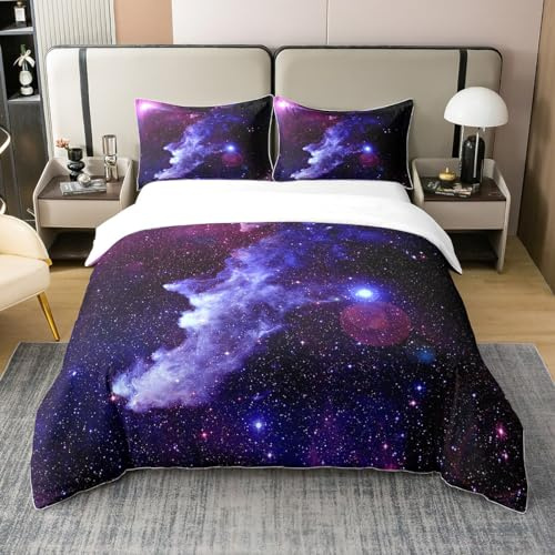 Homemissing Set di biancheria da letto 3D Galassia, copripiumino 220 x 240 cm, 100% cotone Universo stellato Cielo stampato copripiumino viola blu per bambini ragazzi ragazze decorativo morbido