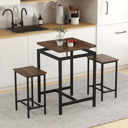 GIANTEX Juego de Mesa de Bar con 2 Taburetes, Juego de Comedor 3 Piezas, Mesa de Comedor Alta con Tablero Flotante, Conjunto de Muebles de Comedor Compacto, para Cocina, Balcón, Bar