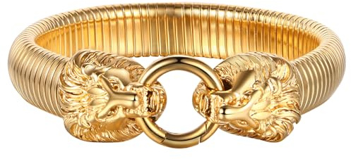 Flongo Herren Löwe Armband Edelstahl: schwarz silber gold Wikinger Schmuck Charms Cuban Kette mit Löwenkopf Lion Head Löwen Armkette retro biker Geschenk für Männer Damen breit Weihnachten