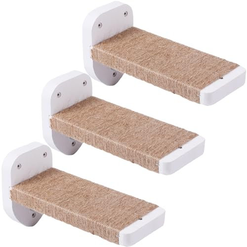 COOLEX 3pcs Wall Mounted Cat Steps, Climbing Furniture, Shelves With Hemp Rope Covered, Solid Wood Ladder for Playing and Climbing (Standard-White)