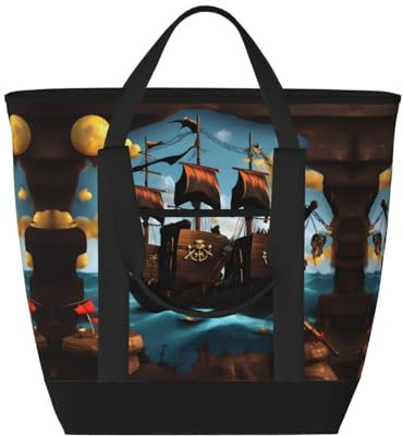 Cartoon Pirate Ship Cooler Bag Borse della spesa Grande Congelatore Termico Food Delivery Bag Per Mantenere il Cibo Congelato Freddo E Caldo Alimenti, nero, Taglia unica