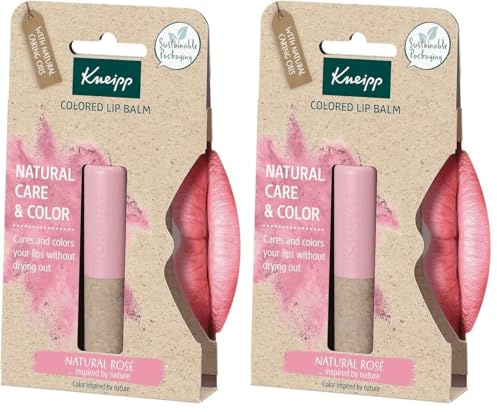 Kneipp, Bálsamo Labial con Color, Protector y Reparador Labial, Hidratante de Labios con Efecto Prolongado, Ingredientes Naturales, Pintalabios Color Rosa (Natural Rose) (Paquete de 2)