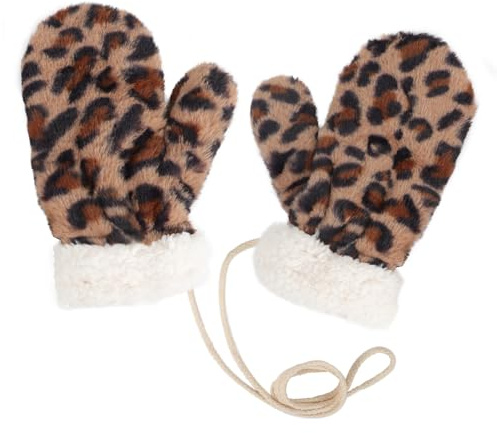 OhMill Moufles d'hiver en Fourrure Gants Imprimés Léopard Moufles de Cou Suspendus Gants de Ski Chaud Coupe-Vent Accessoires d'hiver Élégants Chic pour Femmes Filles
