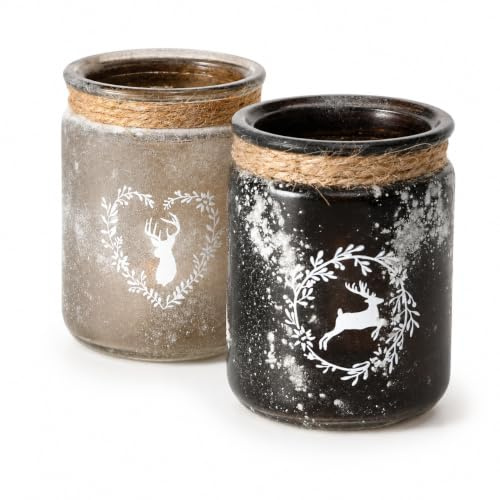 ReWu Windlicht Hirsch Kerzenhalter Teelichthalter Hirsch-Motiv Glas Matt Kerzenhalter 2-er Set Beige Grau Wohndekoration Dekoration Tischdekoration 8 x 10 cm