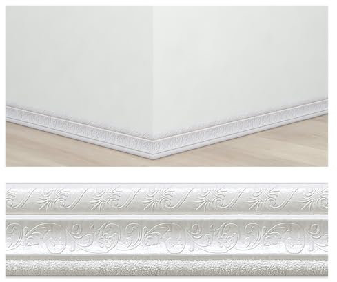 Aluminium Baseboard Trim 10 Pcs 7.5 Ft Long Flexible Baseboard Molding Trim for Home, Waterproof Self-Adhesive PVC Wall Base Moulding Trim for Photo Frame Waistline, Easy to Install & Clean(White)