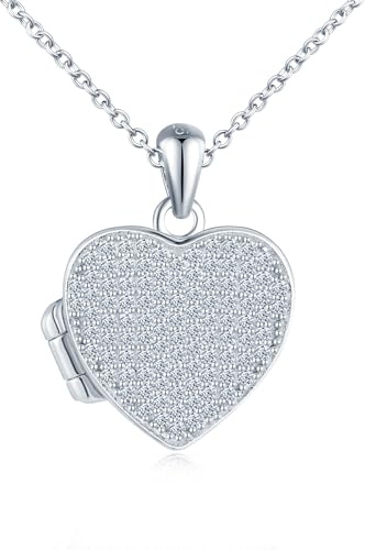 Zirkon Herz Foto Kette Silber 925 mit Bild: Halskette Damen Mädchen Medaillon zum Öffnen für Bilder-Brillante Luxus Anhänger Ketten Amulett Schmuck-Liebe Geschenk für Frauen Mama Freundin Tochter