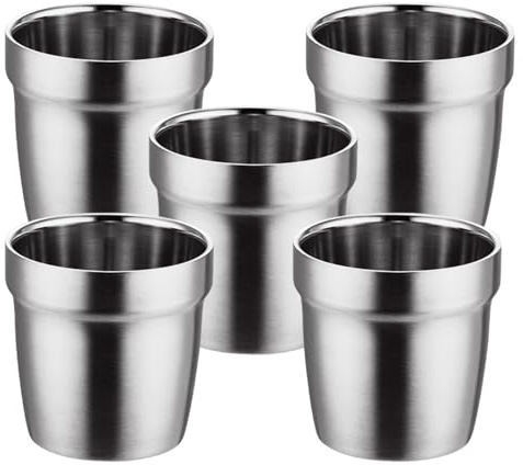 PKRANZYHKAL Tasse Inox Mug Café Double Paroi | Gobelet Inox Moderne | Tasse Escalade en Métal | Idéal pour Boissons Chaudes et Froides,STEP,SILVERY,175ml,Set of 5