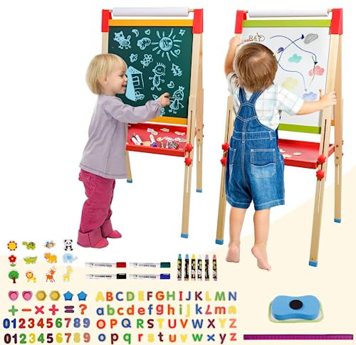 Chevalet Enfant Double Face en Bois avec Rouleau à Papier - Tableau Blanc & Noir Réglable - Cadeau Anniversaire Fille Garçon