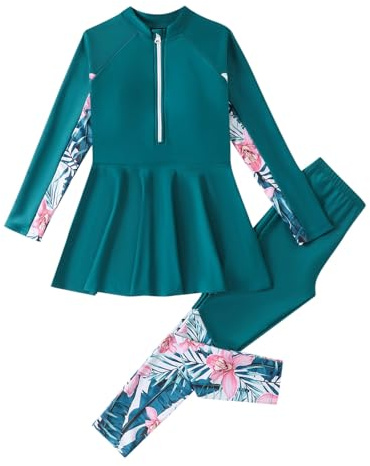 Nlaayong Musulman Maillot de Bain pour Enfant Islamique Filles Haut Manches Longues Pantalon Modeste Burkini Ensemble Vêtement de Plage