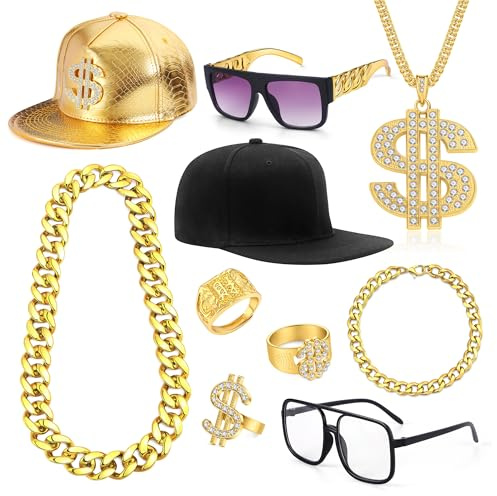 SAMOCO 80s 90s Accessories Outfit for Men Women Hip Hop Costume Kit Old School Rapper Sunglasses Faux Gold Rope Chain Bracelet Dollar Sign Chain Ring Kanji Ring Halloween Party Decorations