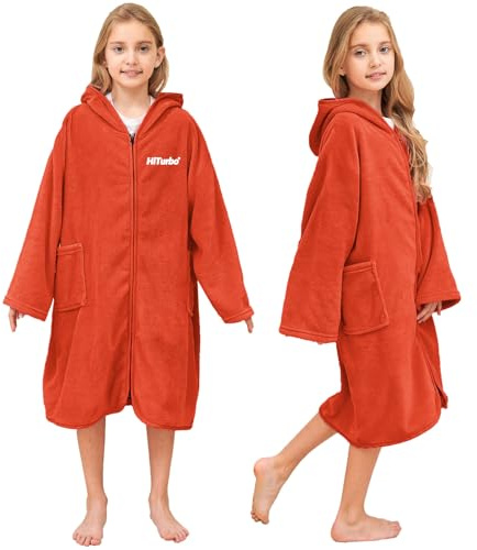 Hiturbo Toalla con capucha para niños: bata de baño con cremallera cambiante, poncho para natación, playa, surf, hogar, naranja, 7-14 Years