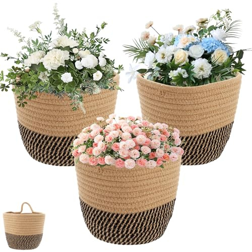 YAYODS 3 Stück Körbchen Aufbewahrung mit Henkel - 16x15cm Baumwollseil Geflochten Hängekorb - Korb zum Aufhängen - Kleine Aufbewahrungskörbe Wandkörbe - Hängekörbe für Küche, Bad, Wohnzimmer