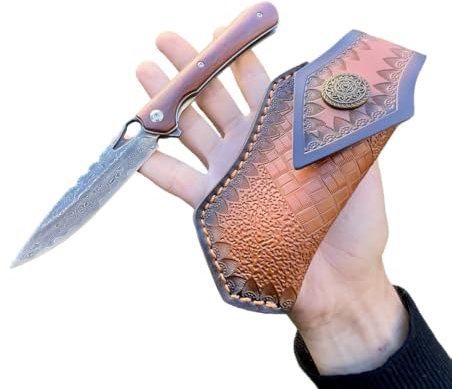 Obespina Couteau Pliant Poche Damas Style Japonais Acier 67 Couches VG10 Damascus lame Linerlock Tranchante Manche bois Collection Cadeau Homme étui camping custom luxe forge