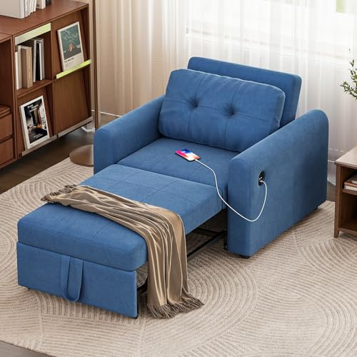 Luxstein Einzelschlafsofa, 3-in-1 umwandelbarer Schlafsofa mit verstellbarer Rückenlehne, USB-Anschluss und Seitentaschen, ausziehbare Schlafsofas für Wohnzimmer, Gästezimmer, Büro, Blau