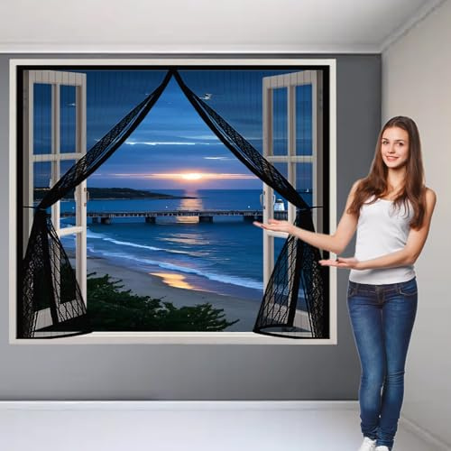 Mosquitera Imantada 152 x 216 cm Cierre Automático, sin Taladrar, Antimosquitos, Fácil Instalación, Ventana Mosquitera para Gatos para Puerta Corredera, Puerta de Salón, Negro