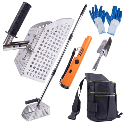 Sand Scoop for Metal Detecting, Heavy Duty Stainless Steel Sand Scoop with Long Handle,Includes 1 Metal Detector Pinpointer,1 Shovel,1 Carry Bag,One Pair of Gloves