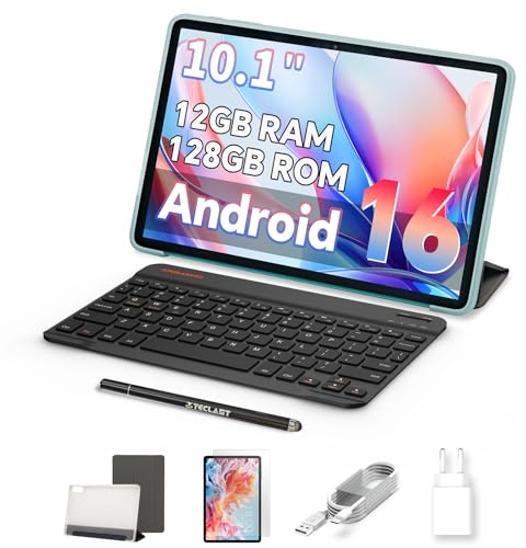 TECLAST P30CASE Tablet 10 Pulgadas Android 16, 2.0 GHz Octa-Core Tableta,12GB RAM,128GB ROM(TF 1TB),6000mAh/Widevine L1/5G WiFi/BT5.0/Facial ID/GPS/3.5mm Auriculares/Tablets con Teclado y Funda,Stylus