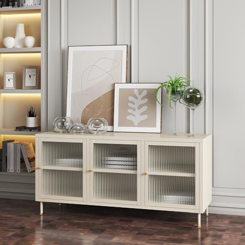 [en.casa] Mobile TV in Acciaio con Vetrina Mobile Basso Contenitore con 3 Ante in Vetro Scalanato Stand Porta TV e Centri Multimediali 120x40x59 cm Bianco Crema