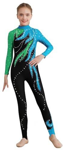 Eandarui Voltigieranzug Mädchen Lang Kinder Ballett Ganzkörperanzug Turnen Langarm Sportbody Gymnastik Trikot Farbblock Patchwork Leotard Mit Strass
