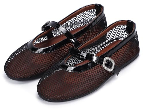 Mesh Ballet Flats Shoes for Women Flats Comfortable Dressy Round Toe Mesh Flats Fishnet Mary Jane Flats for Events Party Leisure (Black, Adult, Women, 5, Numeric, UK Footwear Size System, Medium)