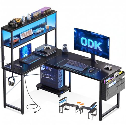 ODK L-format Gaming Skrivbord med LED och Eluttag, 110x80cm, Svart