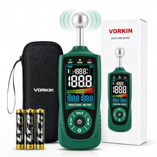VORKIN Misuratore di umidità con sensore a sfera, Misuratore umidità senza puntali per legno, pareti, cemento e materiali edili, Misurazione non invasiva con allarme LED, LCD a colori, temperatura