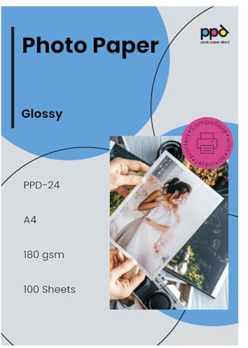 PPD Inkjet - A4 x 100 Hojas de Papel Fotográfico Brillante 180 g/m² - Calidad Profesional para Uso Diario - Secado Instantáneo - Para Impresión de Inyección de Tinta - PPD-24-100
