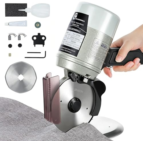CGOLDENWALL Electric Rotary Fabric Cutter YJ-125A Cloth Cutting Machine with 40mm Max Cutting Thickness/ Φ125mm Blade& Spare Blade/Automatic Sharpening Function Ideal for Textile/Leather Cutting CE