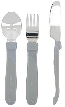 Twistshake Juego de Cubiertos de Aprendizaje para Bebés de Acero Inoxidable, con Tenedor, Cuchillo y Cuchara, Sin BPA, a Partir de 12 Meses, Gris Pastel