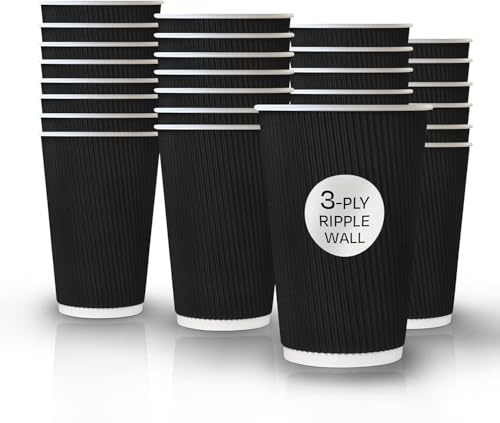 We Can Source It Ltd - 500 x 16oz Black Triple Ripple Paper Wall Disposable Tea Coffee Cappuccino Hot Drinks Cups - can be Recycled in UK Recycling centres!