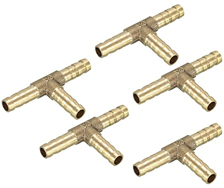 uxcell 1/4 6mm Hose ID Brass Barb Hose Fitting Tee T 3 Way Connector for Joiner Air Water Fuel Gas Pipe 5pcs