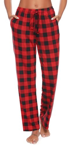 Vlazom Rutiga pyjamasbyxor för kvinnor, mjuka pyjamasbyxor för kvinnor, joggingbyxor, långa, ogenomskinliga sportbyxor, idealiska för sömn, löpning och promenader, En stil-röd, S