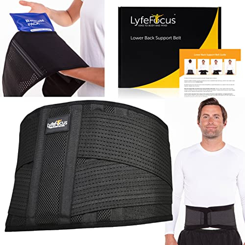 LyfeFocus Premium Adjustable Lower Back Support Belt for Men & Women - Breathable Lumbar Support Brace Supplied with Reusable Hot Cold Pack for Pain & Muscle Tension Relief (Check Size Table: Large) | Lower Back Pain & Muscle Tension Relief, Breathable Adjustable Lumbar Support Brace for Men & Women, Hot Cold Pack
