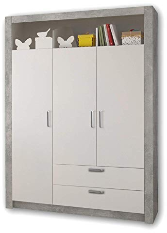 TIMO Eleganter Babyzimmer Kleiderschrank 3-türig - Vielseitiger Drehtürenschrank mit viel Stauraum in Beton-Optik, Weiß - 137 x 196 x 56 cm (B/H/T)