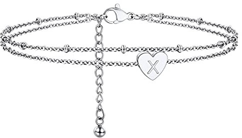 PROSTEEL Tobillera Cadena Fina Doble Capas con Charm Corazón Inicial X Acero Inoxidable