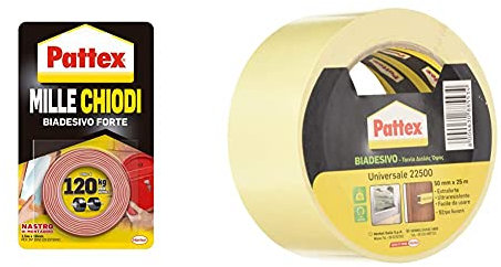 Pattex Millechiodi Tape, Nastro Biadesivo Extra Forte Per Applicazioni Permanenti, Nastro Adesivo Di Montaggio Per Interni Ed Esterni, 19 mm X 1,5 m + Biadesivo Universale
