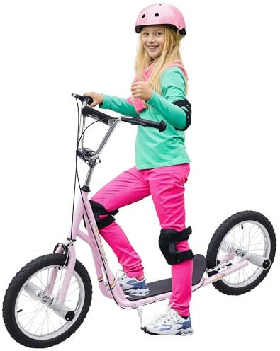 HOMCOM Trottinette patinette Grandes Roues pneumatiques Ø 41 cm avec pegs Rose