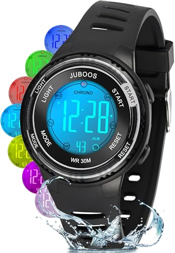 Juboos Reloj Digital Deportivo para niños, 7 Colores con luz led, Resistente al Agua, con Alarma, cronómetro, Reloj de Pulsera para niños y niñas de 5 a 18 años