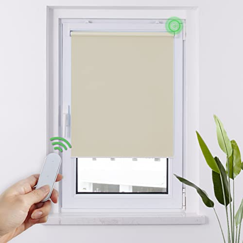 HOMEDEMO M100 Elektrische Rollos Verdunkelungsrollo mit Motor & Fernbedienung, Creme 90x150cm(BxH), Smart Rollo ohne Bohren klemmfix & mit Bohren, Sonnenschutz Sichtschutz Rollo für Fenster