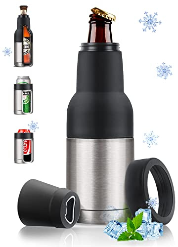 Stepstall Beer Bottle and Can Cooler with Beer Opener, 12 oz. Slim Can Beer Bottle Insulators Holder, Vacuum Insulated Double Walled Stainless Steel, Silver