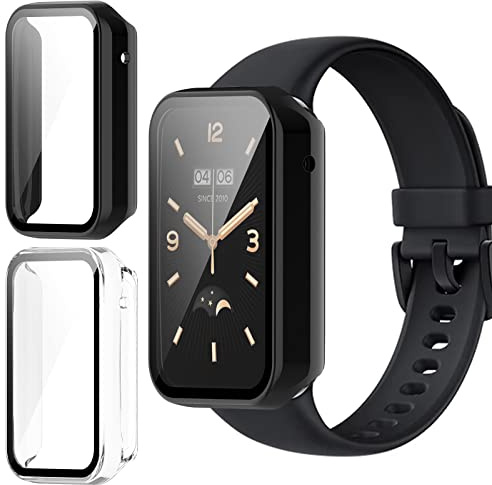 GEJEFA Funda Protector para Xiaomi Mi Band 7 Pro + Cristal Templado, [2-Piezas] PC Case y Integrados Vidrio Protector de Pantalla para Xiaomi Mi Band 7 Pro, Transparente+Negro