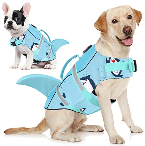 AOFITEE Schwimmweste Hund Groß, Ripstop Große Hundeschwimmweste Hai, Verstellbar & Ripstop Schwimmweste für Hunde mit Rettungsgriff, Rettungsweste Hunde Labrador Hundeweste Schwimmen, Grün, L