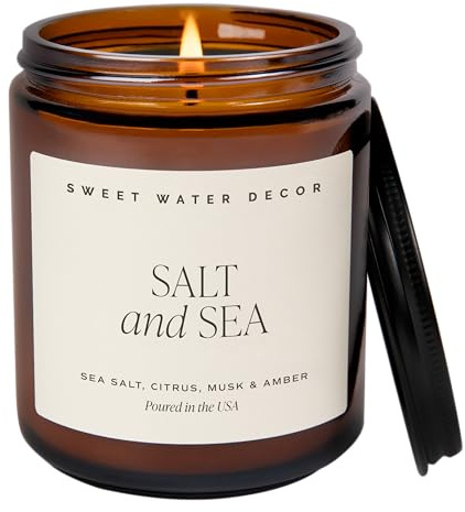 Sweet Water Decor Salt and Sea Soy Candle - Sea Salt, Citrus, Musk, and Amber Scented Beach Candle for Home - 9oz Amber Jar + Black Lid, 40+ Hour Burn Time, Made in the USA