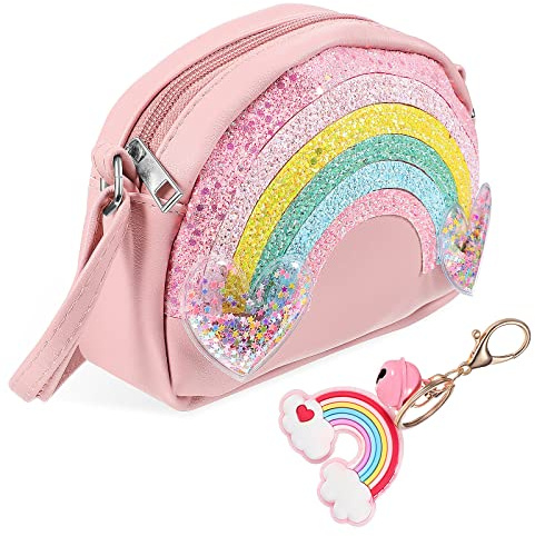 TENDYCOCO Kinder Umhängetasche Für Mädchen Regenbogen Geldbeutel Mit Regenbogen Herz Anhänger Schlüsselbund Pu Leder Verstellbarer Schultergurt Für Picknick Reisen Und Einkaufen