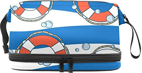 Large Capacity Travel Cosmetic Bag,Lifebuoy Water Blue White Waves Stripe,Makeup Bag,Waterproof Makeup Bag Organizer
