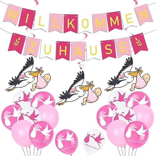 Willkommen Zuhause Baby Storch Geburt für Draußen Rosa - Herzlich Willkommen Girlande - Dekoration für Baby- & Kleinkinderzimmer Home Deko
